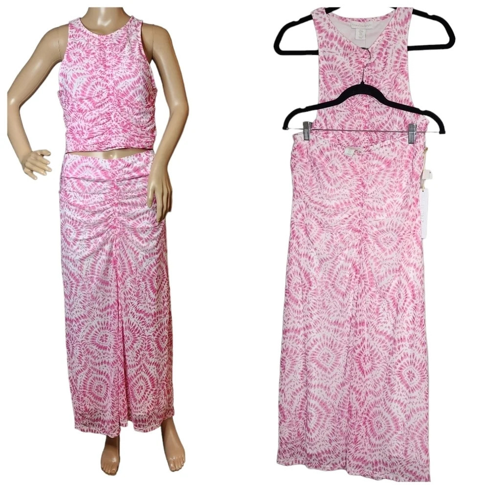 NWT House Of Harlow 2 piece Set Pink White Stretch Mesh Maxi‎ Skirt Tank Medium